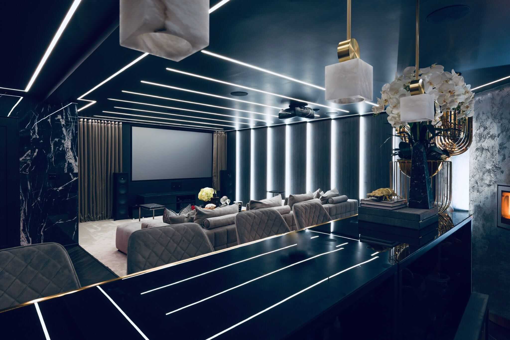 Home cinema room with LED strip lighting